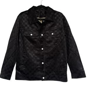 Tonal Checkerboard Trucker Jacket MensLarge Black Snap Front Lined Pockets Velve